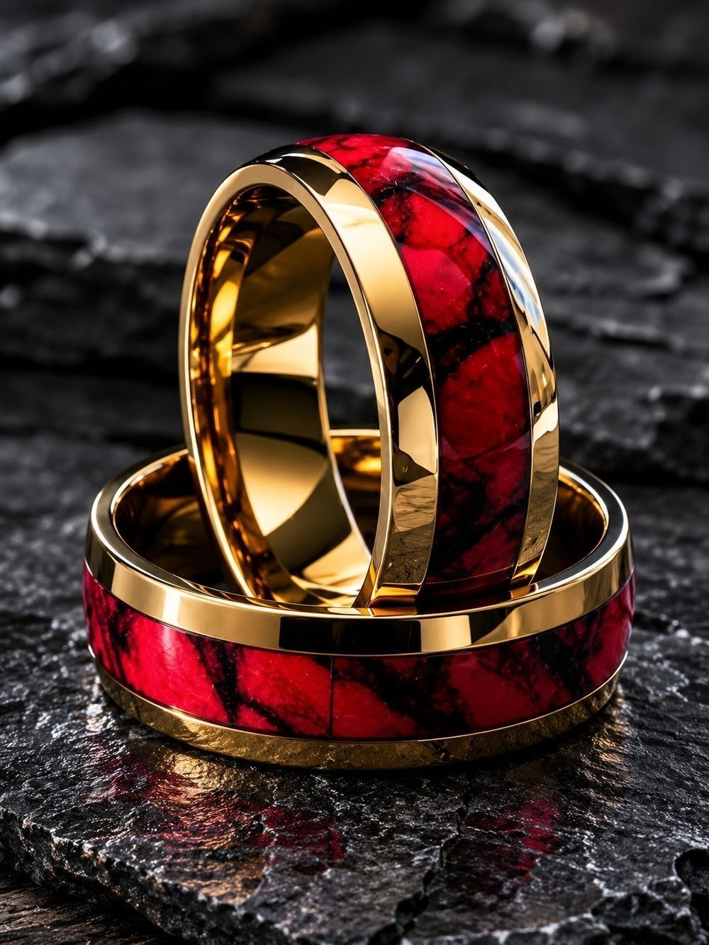 Gold Tone Ring with Red Marbled Inlay